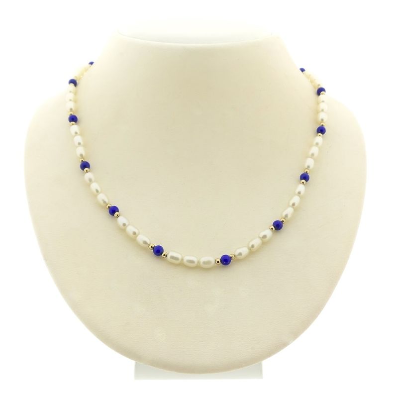 Image 1 of Pearl necklace with lapis lazuli and gold clasp | 42 cm