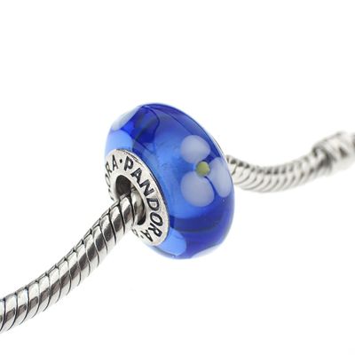 Image 2 of Pandora charm; Silver; Blue/White Flower