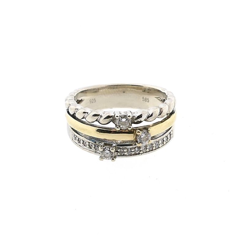 Image 3 of Bicolor Gold and Silver Ring with Zirconia; 14 Karat; Size 18