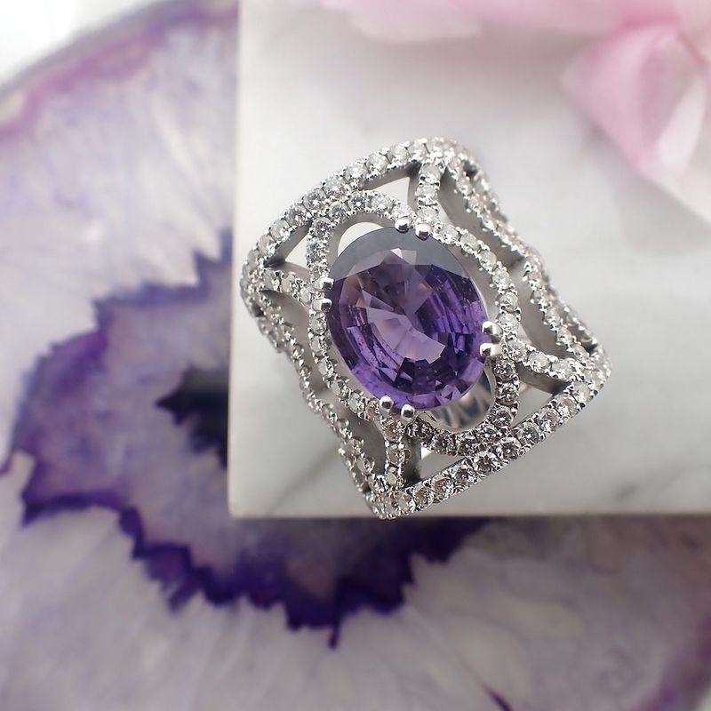 Image 7 of White gold royal ring set with sapphire and diamonds; 3.00 ct.