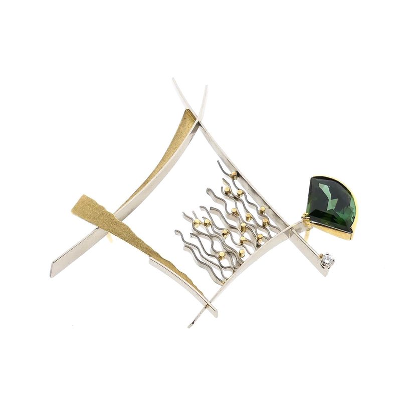 Image 7 of Bicolor Gold Brooch with Green Tourmaline and Diamond; 0.05 ct.; 14 Karat
