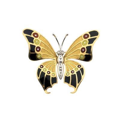 Two-tone gold brooch/pendant of a butterfly with enamel and diamond; 0.04 ct. Image 1 of Two-tone gold brooch/pendant of a butterfly with enamel and diamond; 0.04 ct.