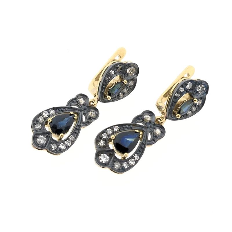 Image 3 of Gold/silver earrings with sapphire and diamond; Approx. 0.52 ct.
