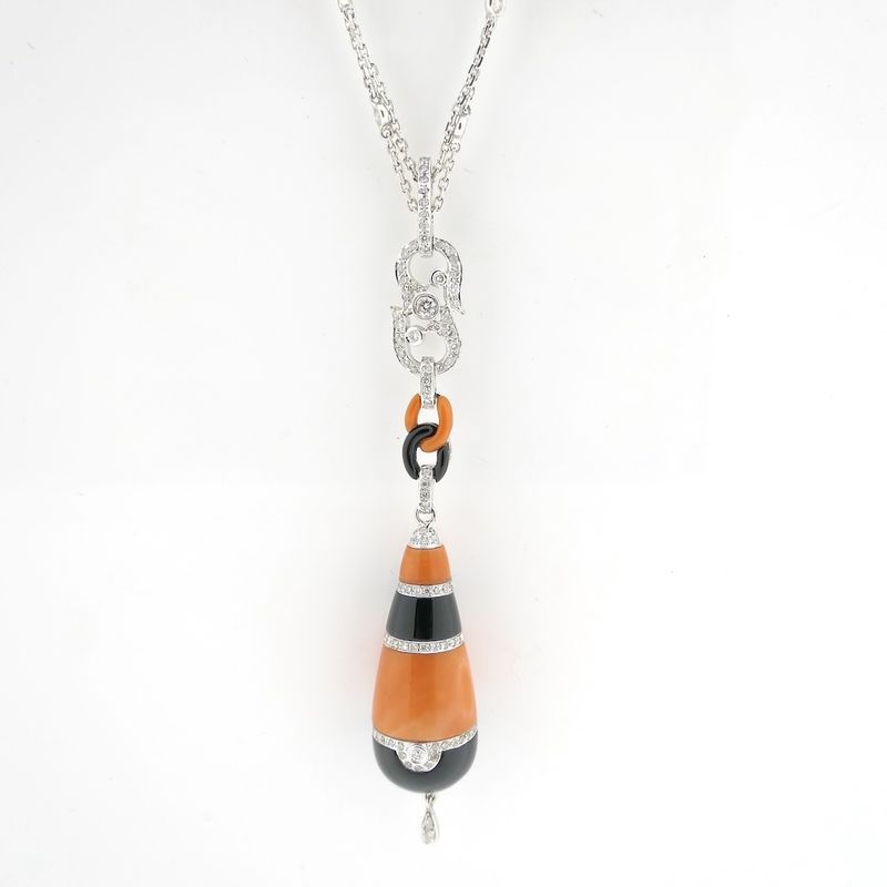 Image 5 of White gold necklace with fixed pendant with onyx, blood coral and diamond 0.74 ct.