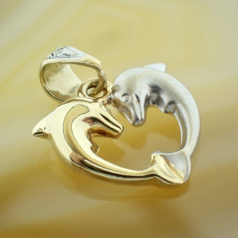 Image 6 of Two-tone gold pendant of two dolphins with diamond | 0.005 ct.