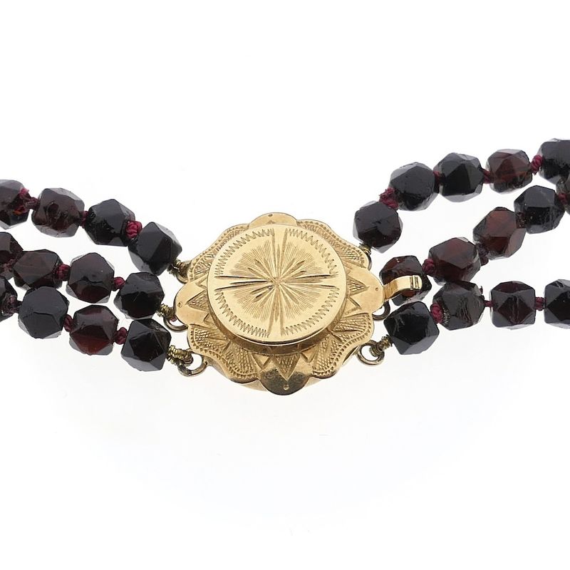 Image 5 of Antique garnet bead necklace with gold decorative clasp.