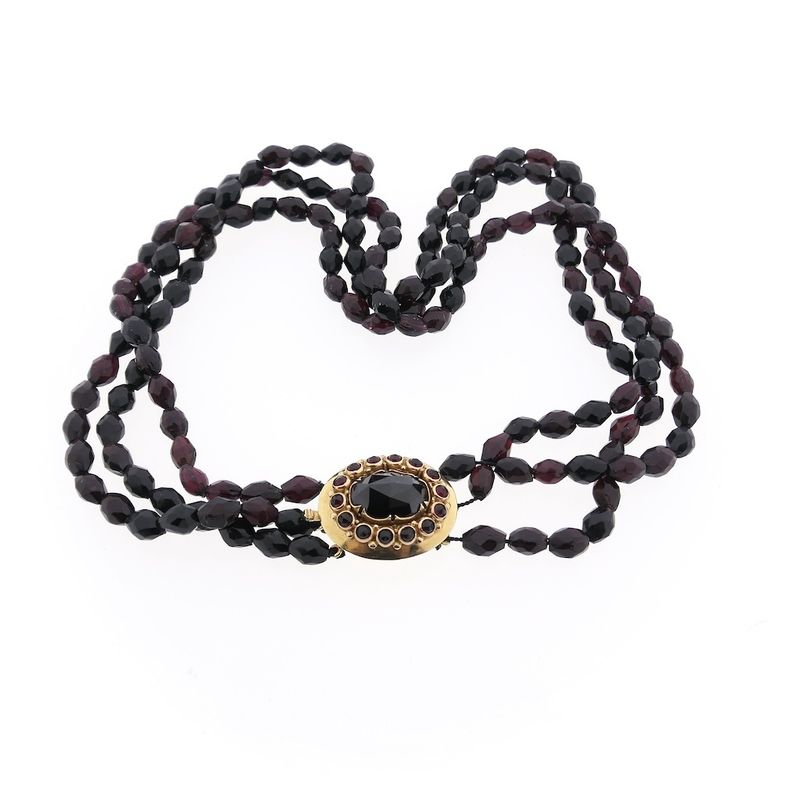 Image 4 of Antique garnet bead necklace with gold decorative clasp.