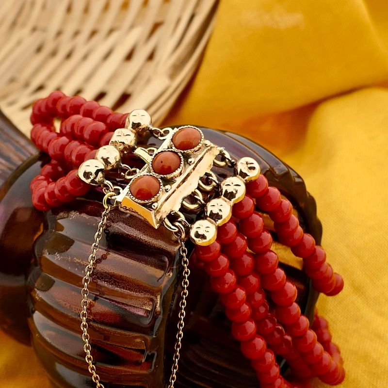 Image 2 of Antique Blood Coral Bead Bracelet with Gold Clasp