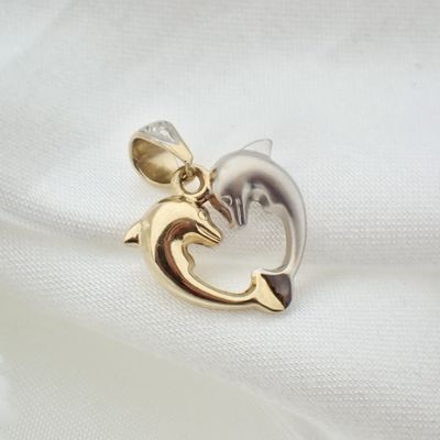 Image 2 of Two-tone gold pendant of two dolphins with diamond | 0.005 ct.