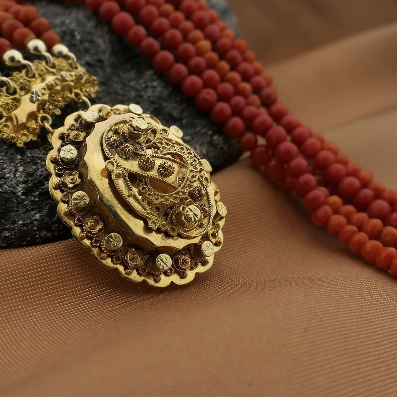 Image 2 of Antique necklace with blood coral and gold cap bell.