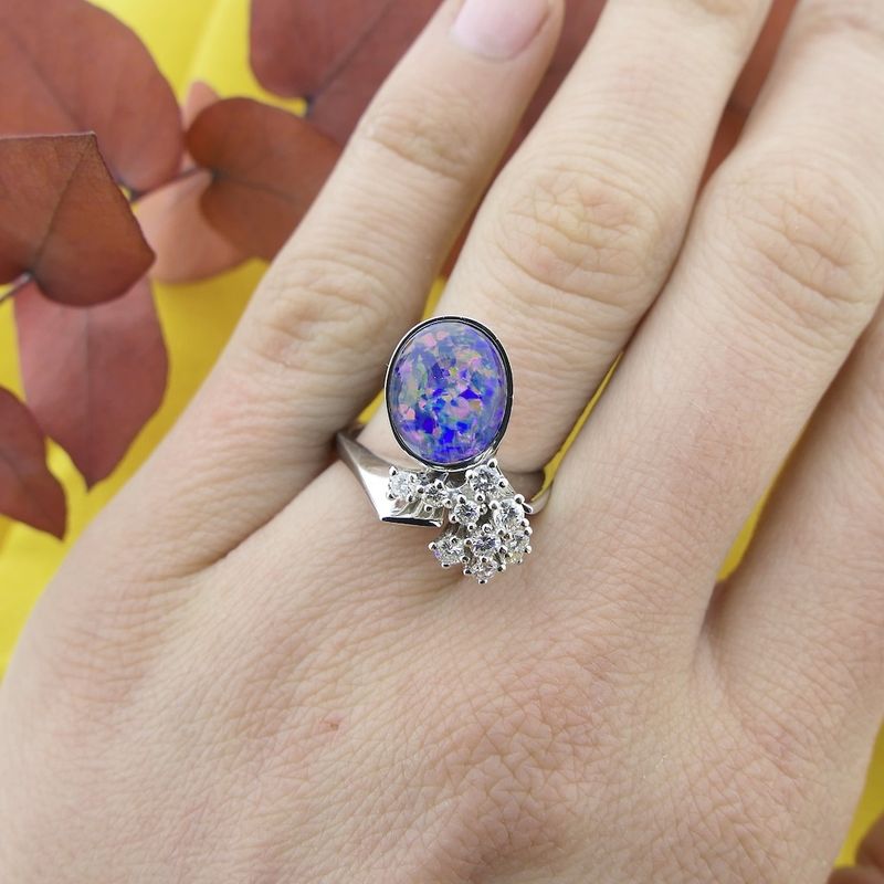 Image 7 of White gold cocktail ring with diamond and triplet opal