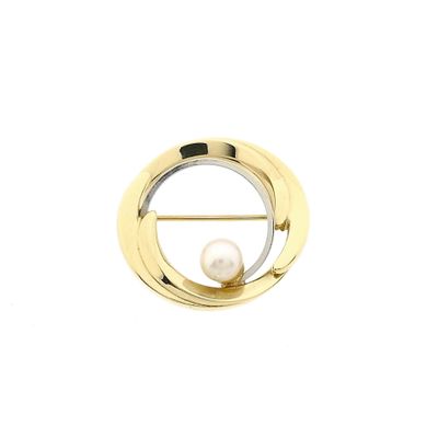 Image 1 of Bicolor brooch with cultured pearl; 8 karat