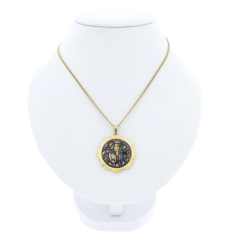 Image 7 of Gold vintage pendant of Mary and Jesus with colored enamel.