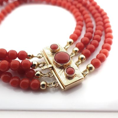 Image 2 of Antique red coral beaded bracelet with gold clasp.
