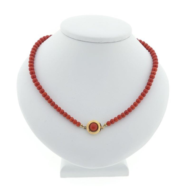 Image 1 of Antique blood coral bead necklace with gold decorative clasp.