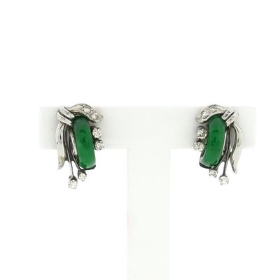 White gold stud earrings with jade and diamond; 0.38 ct. Image 1 of White gold stud earrings with jade and diamond; 0.38 ct.