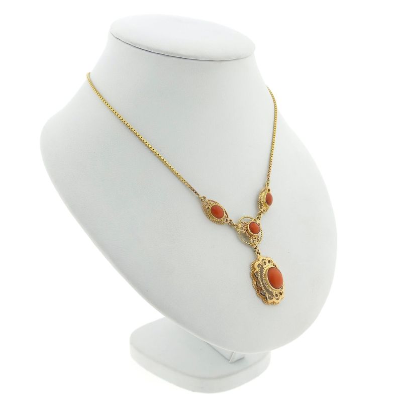 Image 3 of Antique gold Venetian link chain with fixed pendant and blood coral