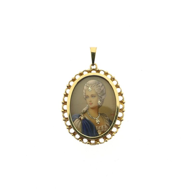 Image 1 of Antique Gold Pendant with Enamel Portrait and Diamonds