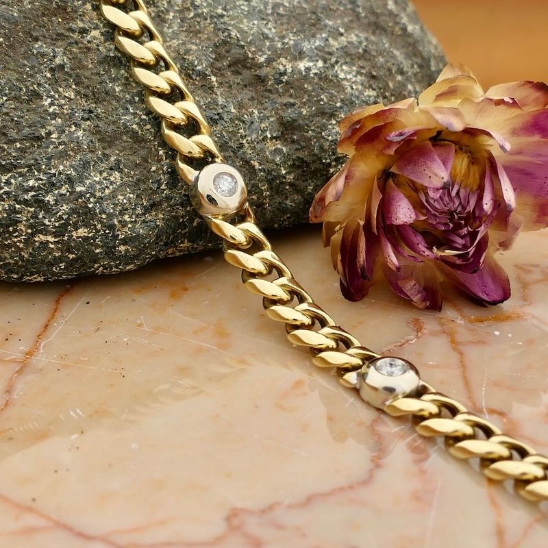 Image 2 of Two-tone gold flat gourmet link bracelet with diamonds; 0.42 ct.