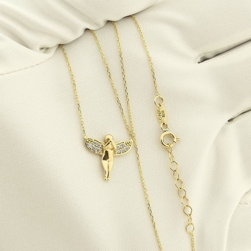 Image 11 of Gold anchor link necklace with a fixed pendant; Angel with zirconia | 45 cm