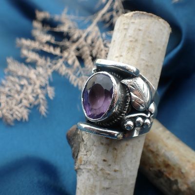 Image 2 of Silver floral fantasy ring with amethyst