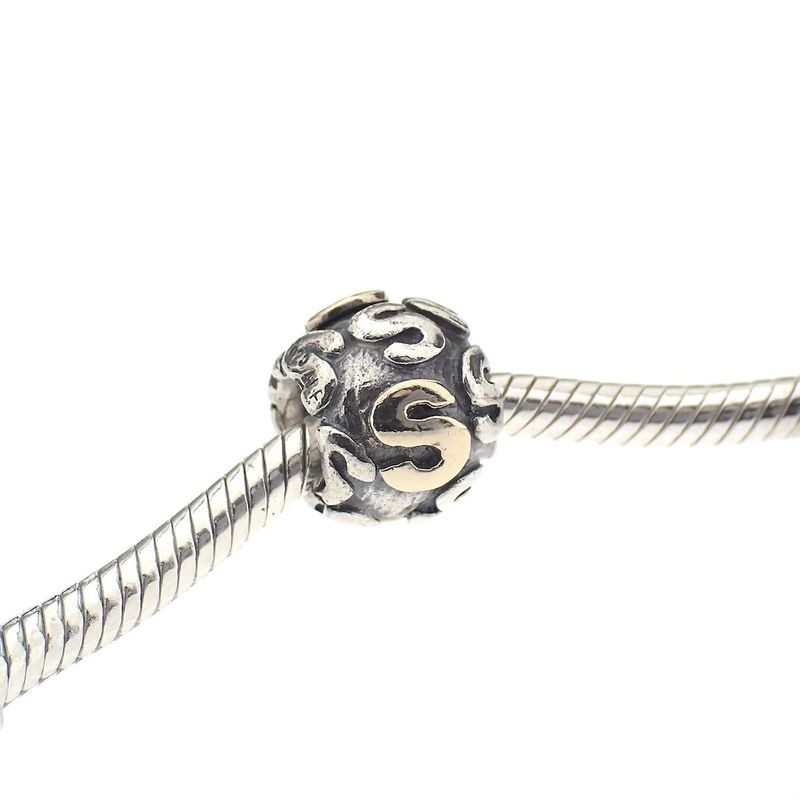 Image 2 of Pandora charm; Silver with gold; Letter S
