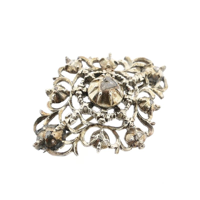 Afbeelding 4 van Zilveren Art-Nouveau broche gezet met roos geslepen diamanten