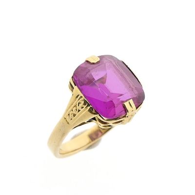 Gold pinky ring with synthetic magenta ruby Image 1 of Gold pinky ring with synthetic magenta ruby