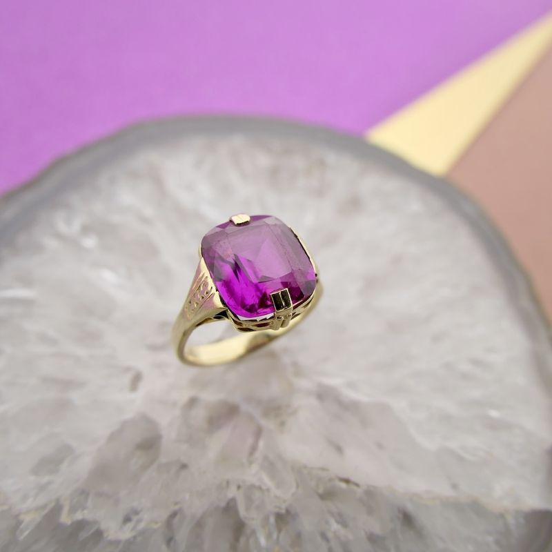 Image 2 of Gold pinky ring with synthetic magenta ruby