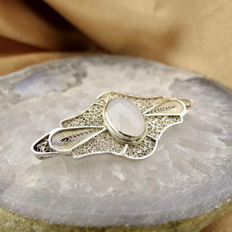 Image 7 of Vintage/antique brooch with milk stone; Filigree technique