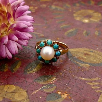 Image 2 of Golden entourage ring with cultured pearl & turquoise; 14K; size 16.5