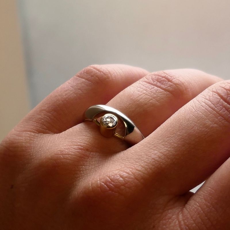 Image 7 of Bicolor Gold Solitaire Ring with Diamond; 14K; Size 17.5