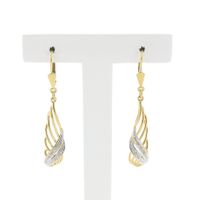 Bicolor gold long earrings with diamonds; 0.01 ct.