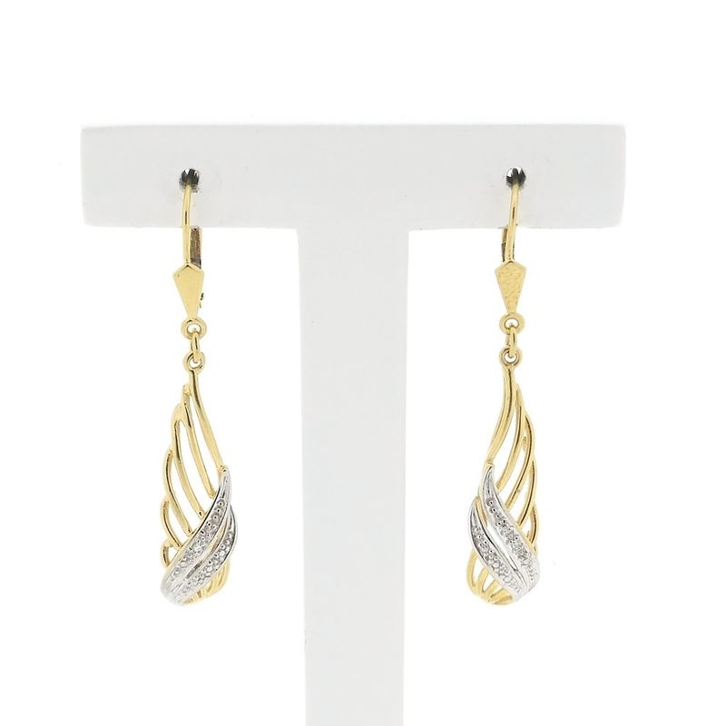 Image 1 of Bicolor gold long earrings with diamonds; 0.01 ct.