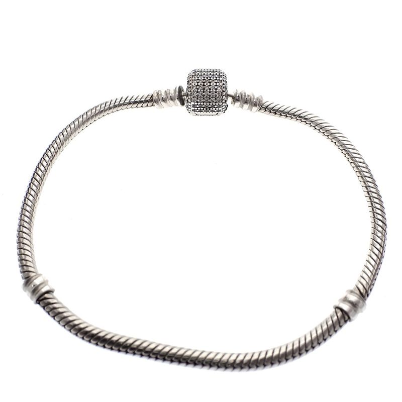 Image 3 of Pandora bracelet; Silver; Sparkling snake chain with pavé clasp | 19 cm