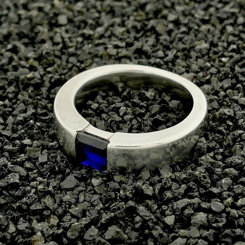 Image 2 of Silver ring with synthetic sapphire.
