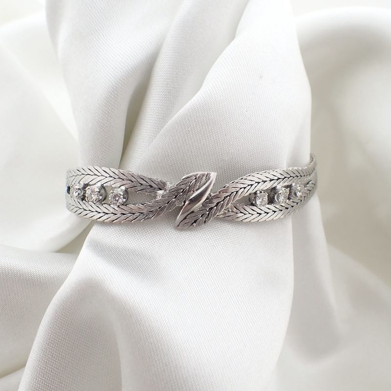 Image 4 of White gold herringbone link bracelet with diamonds; 0.48 ct.