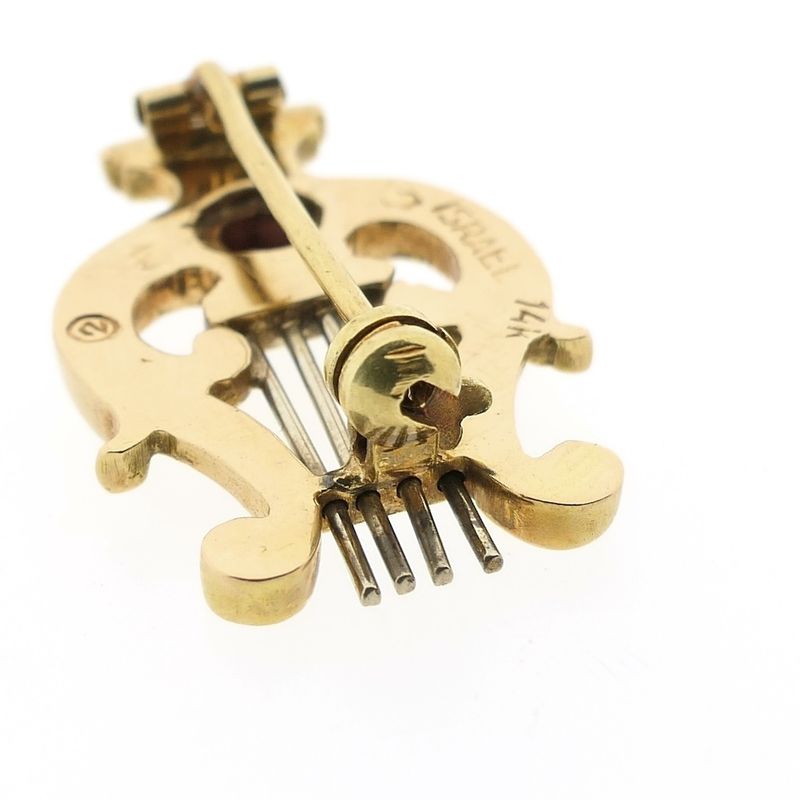 Image 4 of Gold brooch of a lyre harp with ruby