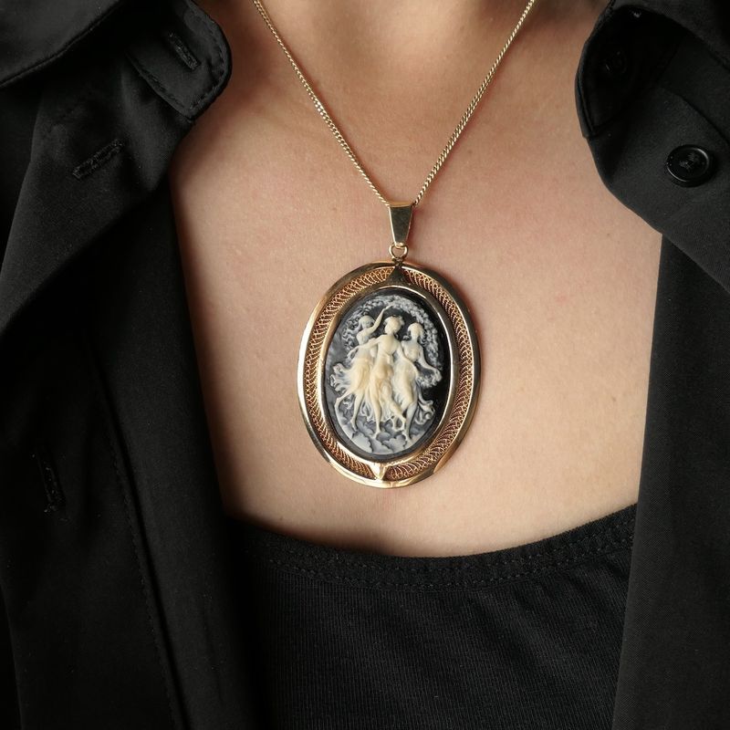Image 2 of Gold cameo portrait pendant with the Three Graces