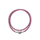 Image 3 of Pandora Moments double-woven dark pink leather bracelet; Silver; Ø 60 mm
