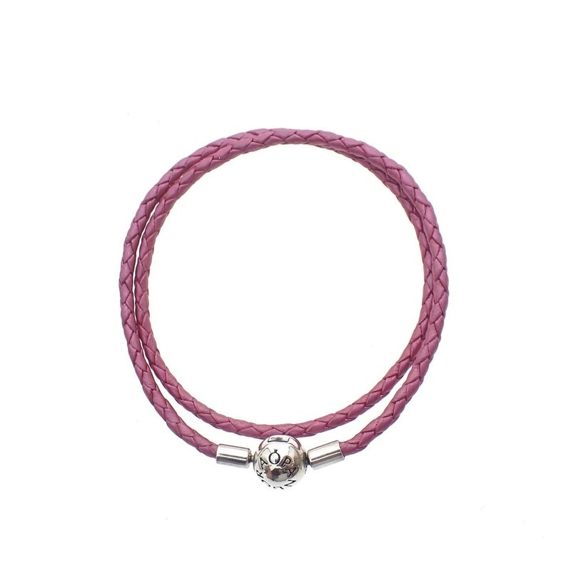 Image 3 of Pandora Moments double-woven dark pink leather bracelet; Silver; Ø 60 mm