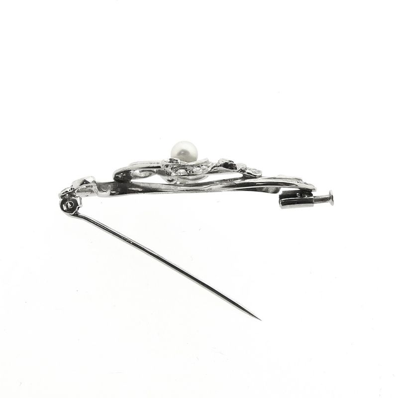 Image 6 of White gold Art Nouveau brooch set with pearl and diamond; 0.27 ct.