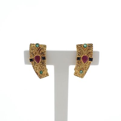 Image 1 of Golden oriental stud earrings with ruby, sapphire and emerald