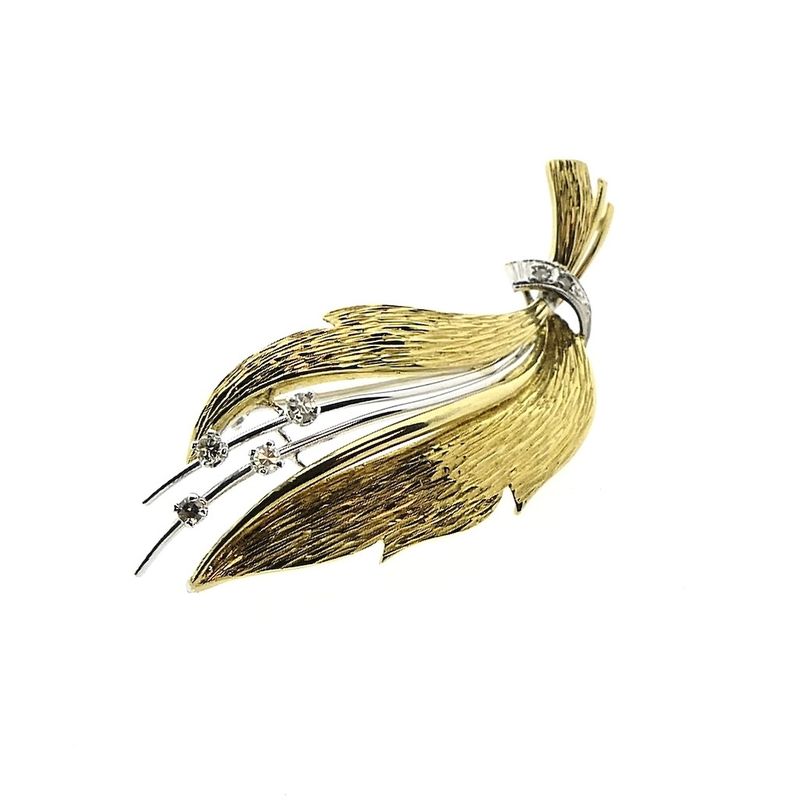 Image 2 of Two-tone gold brooch of a leaf with diamonds; 0.12 ct.