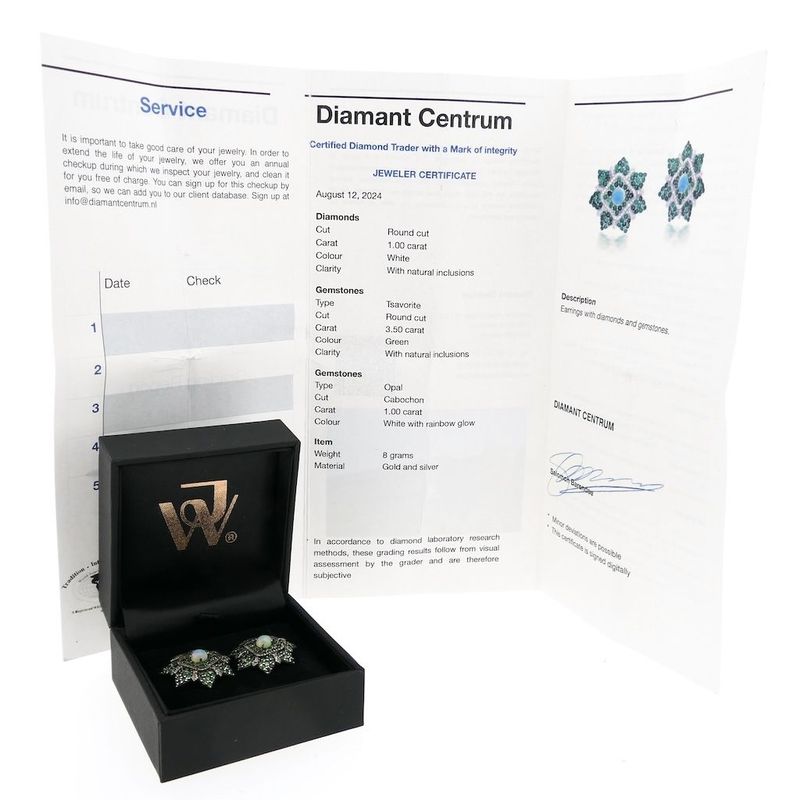 Afbeelding 7 van Goud met zilveren oorbellen met opaal, tsavoriet en diamanten; 1,00 ct. 