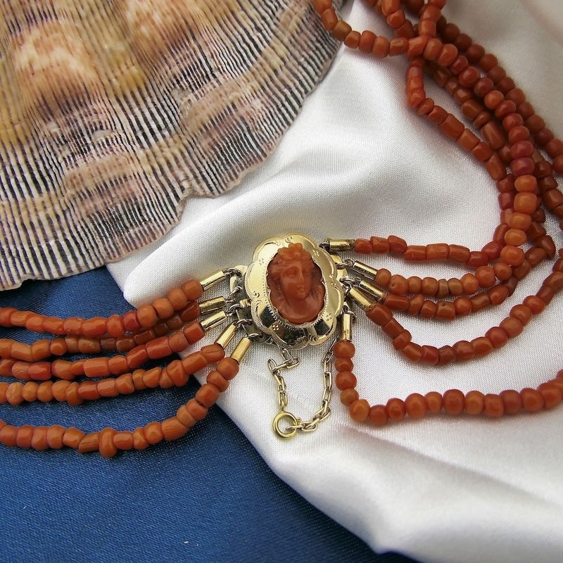 Image 2 of Antique blood coral bead necklace with gold clasp