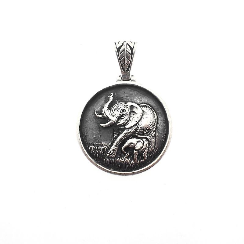 Image 1 of Silver pendant of elephant mother with calf