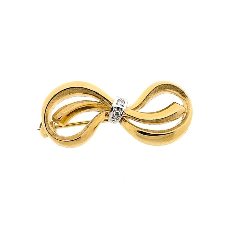 Image 1 of Bicolor Gold Bow Brooch with Diamond; 14 Karat