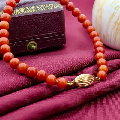 Image 2 of Blood coral bead bracelet with gold clasp