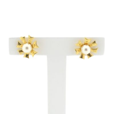 Gold floral stud earrings with pearl Image 1 of Gold floral stud earrings with pearl